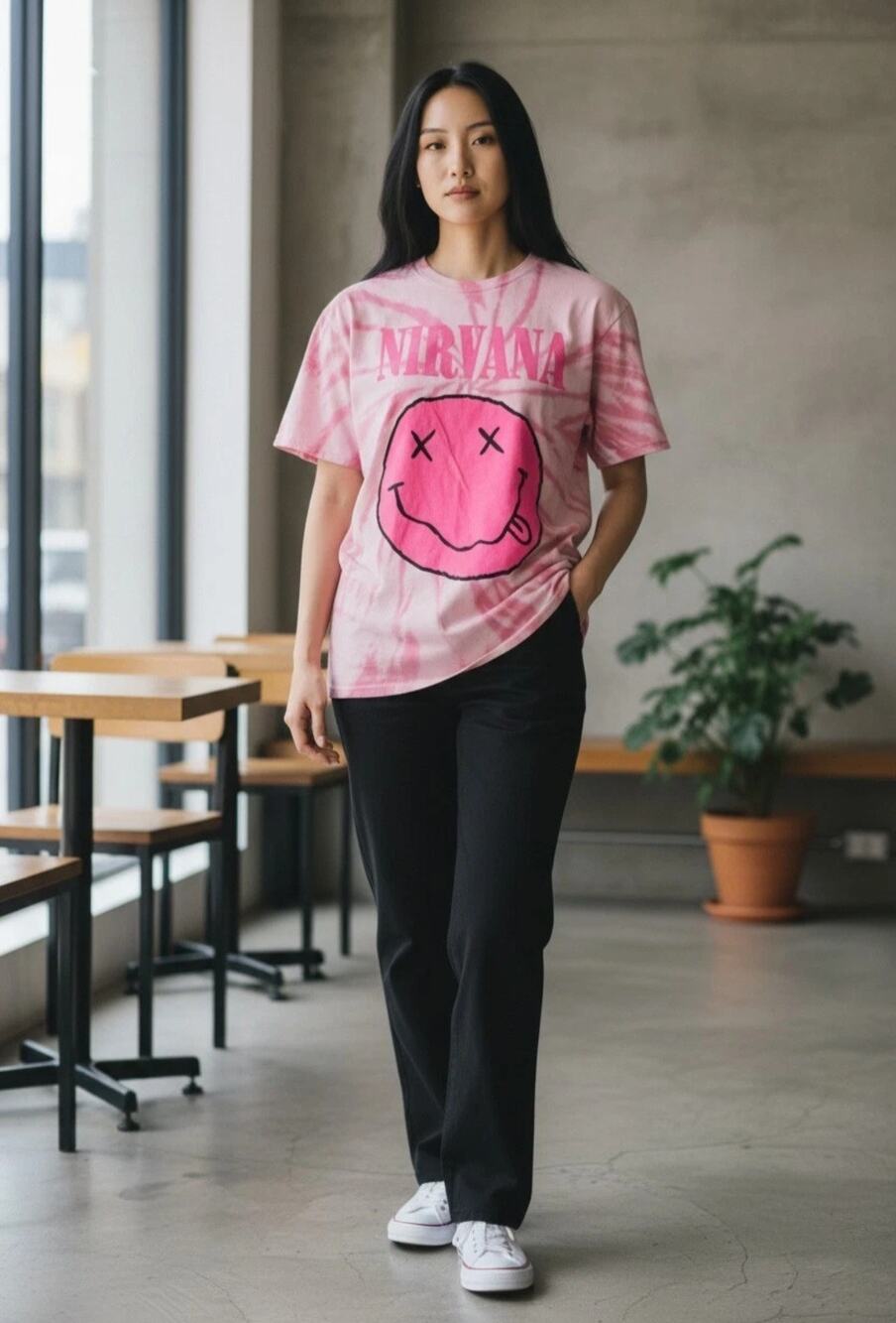 Nirvana Pink Smiley Face Graphic Tie Dye T-shirt Size:Large